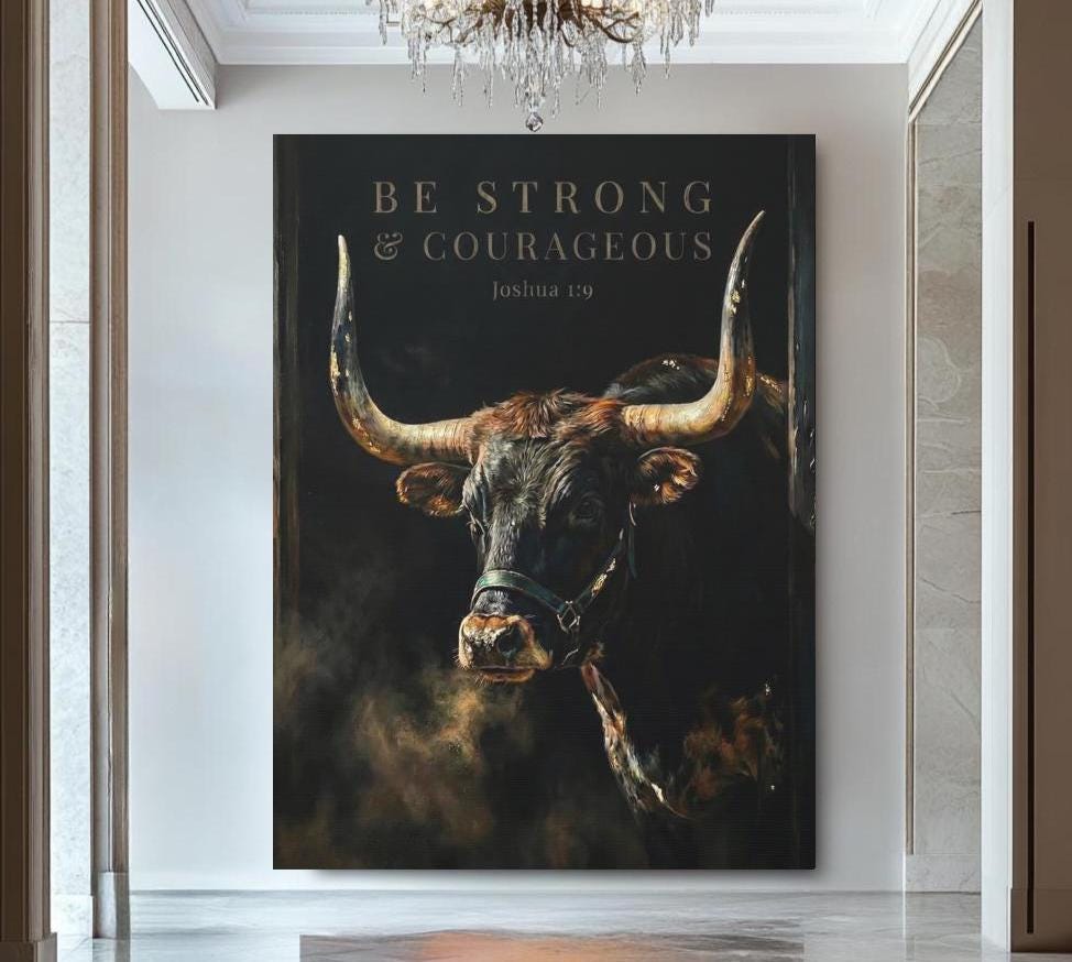 Longhorn Bull Canvas Print | Moody Western Decor, Joshua 1:9 — Poster wall art