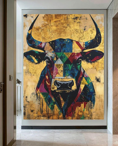 Geometric Bull Head Wall Art, Modern Western Decor for Southwest Living Room, Farmhouse Painting, Stock Trader Gift — Framed