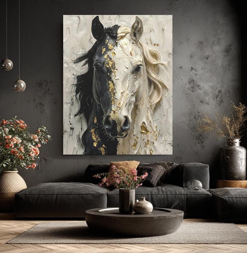 Black and White Horse Canvas Print, Gold Accent Equine Statement Art — Framed Print wall art