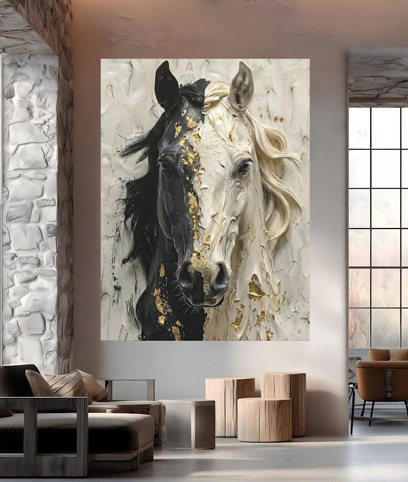 Black and White Horse Canvas Print, Gold Accent Equine Statement Art — Framed Print wall art