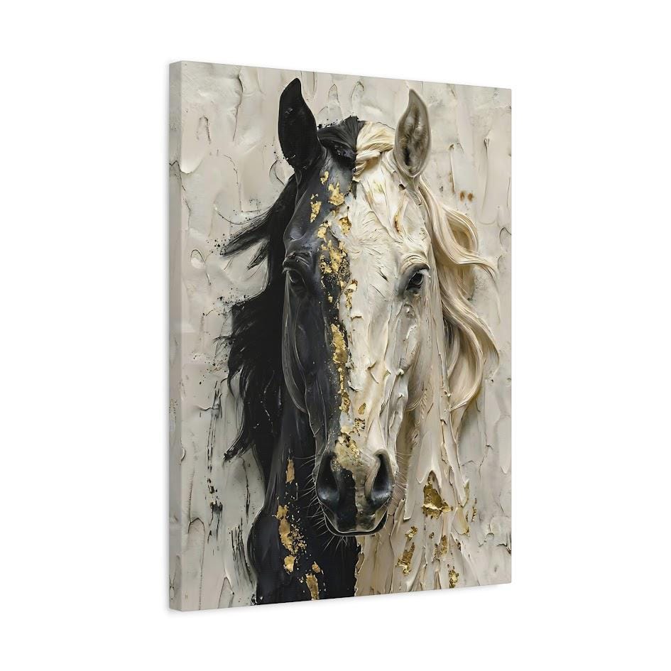 Black and White Horse Canvas Print, Gold Accent Equine Statement Art — Canvas wall art