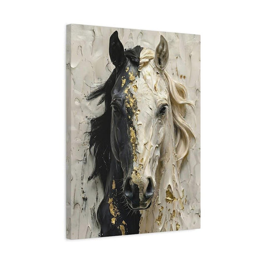 Black and White Horse Canvas Print, Gold Accent Equine Statement Art — Canvas wall art