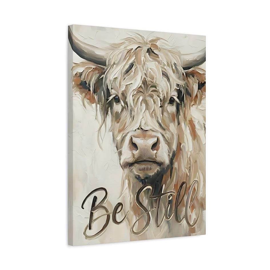 Highland Cow Canvas Print, "Be Still" Quote, Farmhouse Nursery Art, Bible Verses — Canvas wall art