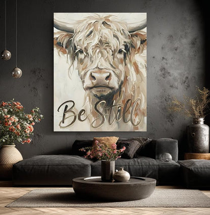 Highland Cow Canvas Print, "Be Still" Quote, Farmhouse Nursery Art, Bible Verses — Framed Print wall art