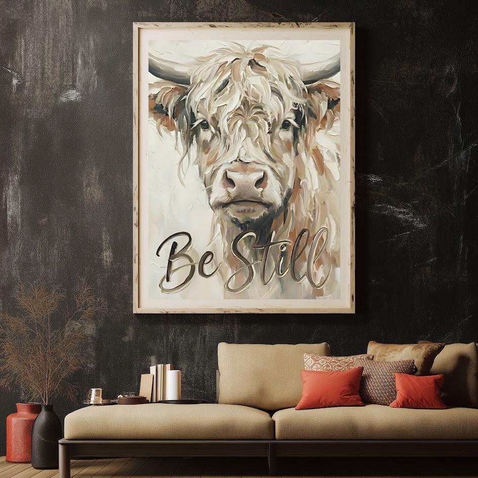 Highland Cow Canvas Print, "Be Still" Quote, Farmhouse Nursery Art, Bible Verses — Framed Print wall art