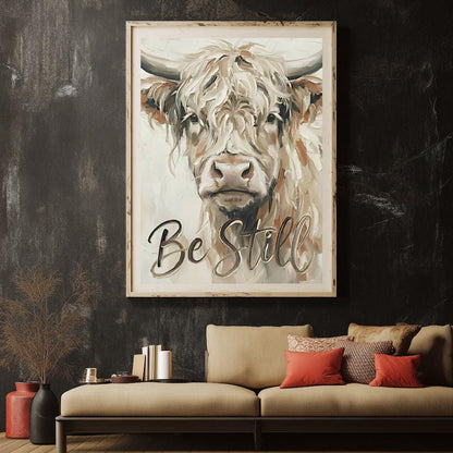 Highland Cow Canvas Print, "Be Still" Quote, Farmhouse Nursery Art, Bible Verses — Framed Print wall art