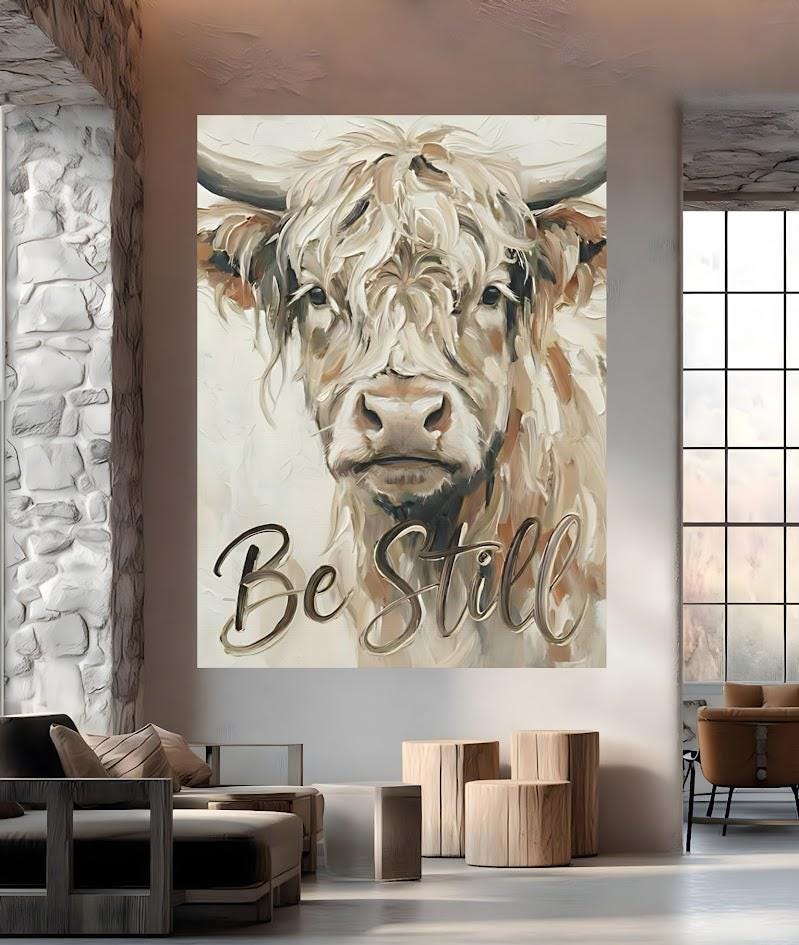 Highland Cow Canvas Print, "Be Still" Quote, Farmhouse Nursery Art, Bible Verses — Framed Print wall art