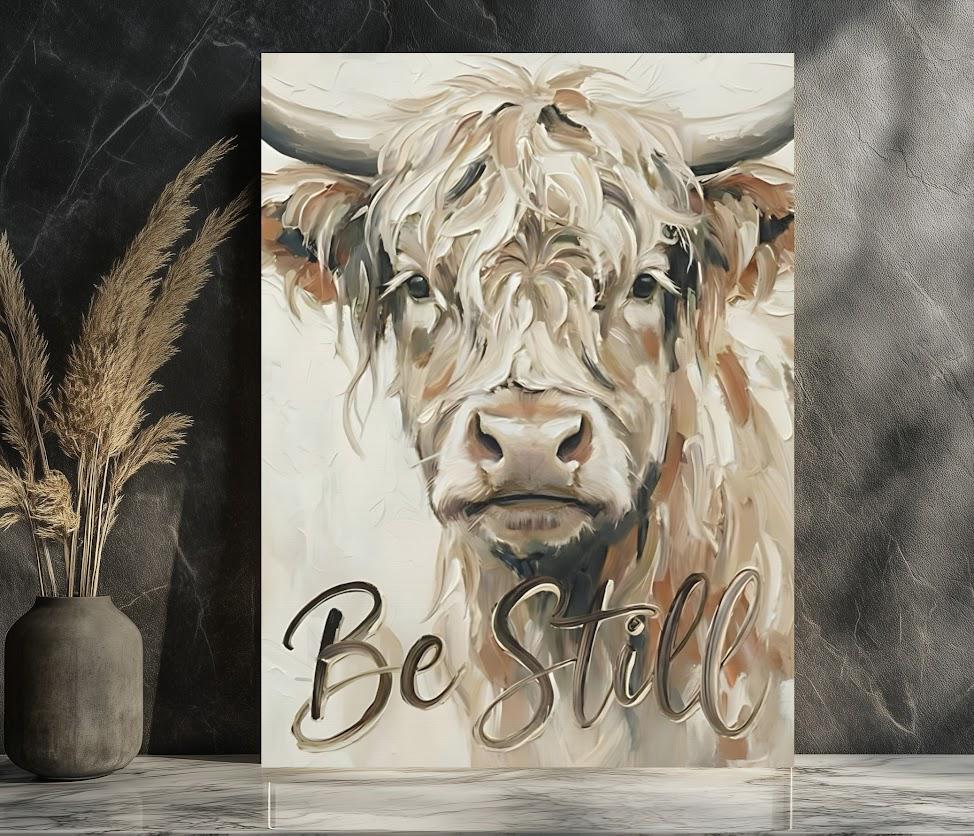 Highland Cow Canvas Print, "Be Still" Quote, Farmhouse Nursery Art, Bible Verses — Framed Print wall art