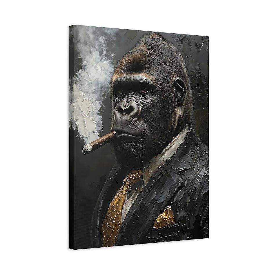 Gorilla in Suit Smoking Cigar Canvas or Poster, Wall Street Hustle Art for Office, Masculine Decor for Man Cave — Canvas wall