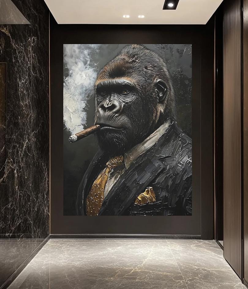 Gorilla in Suit Smoking Cigar Canvas or Poster, Wall Street Hustle Art for Office, Masculine Decor for Man Cave — Framed