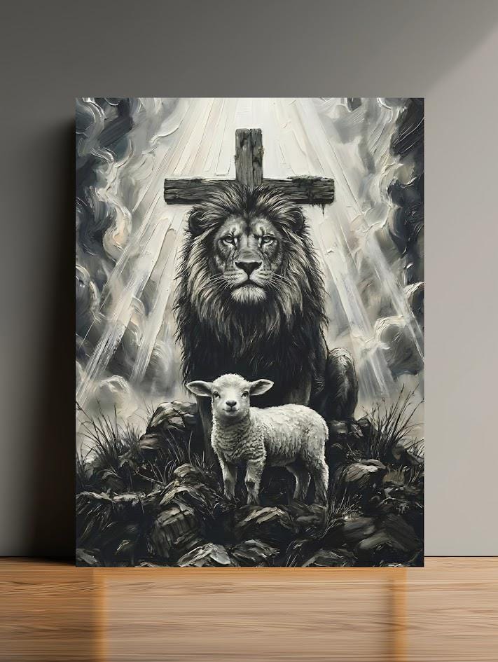 Lion of Judah and Lamb Canvas with Cross, Black and White Christian Wall Art, Religious Gift for Pastor or Prayer Room —