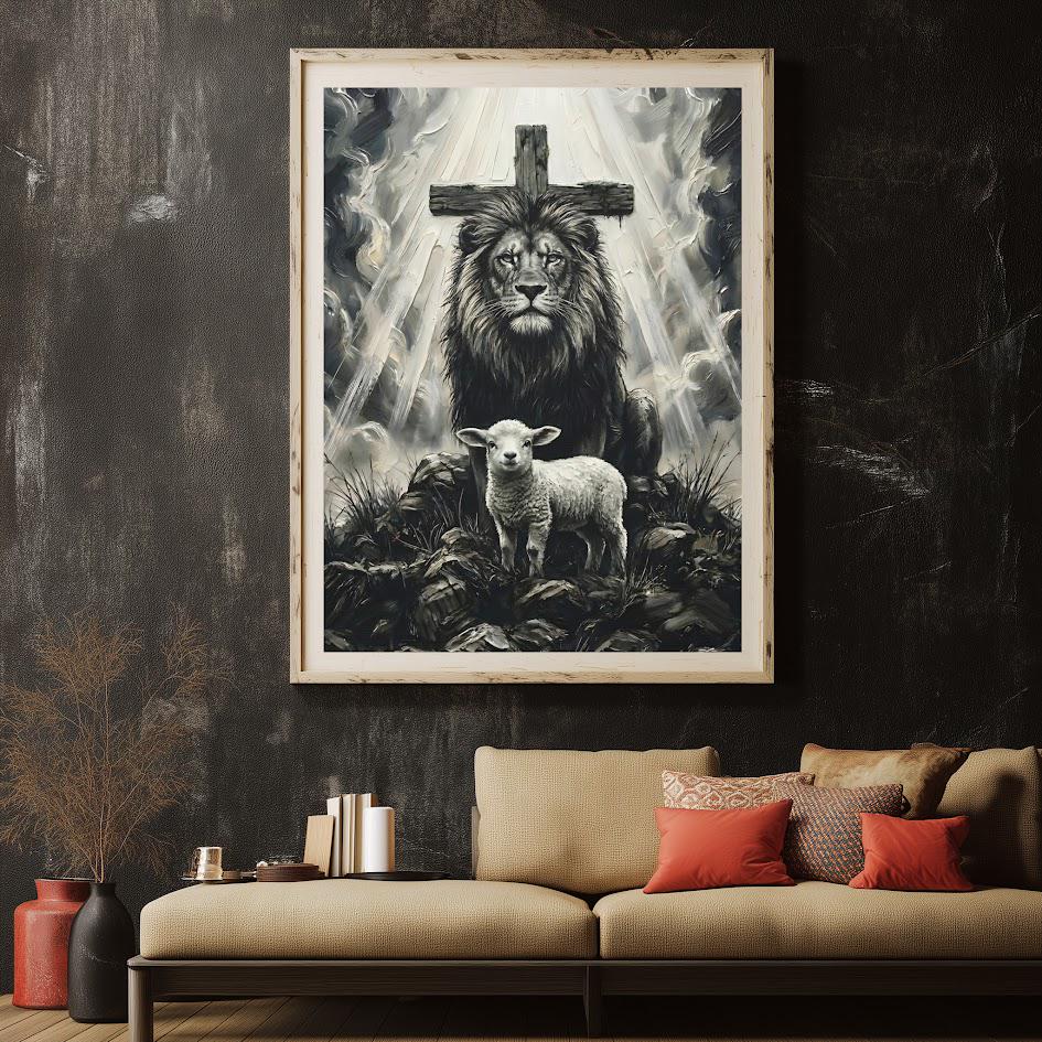 Lion of Judah and Lamb Canvas with Cross, Black and White Christian Wall Art, Religious Gift for Pastor or Prayer Room —