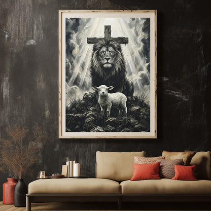Lion of Judah and Lamb Canvas with Cross, Black and White Christian Wall Art, Religious Gift for Pastor or Prayer Room —