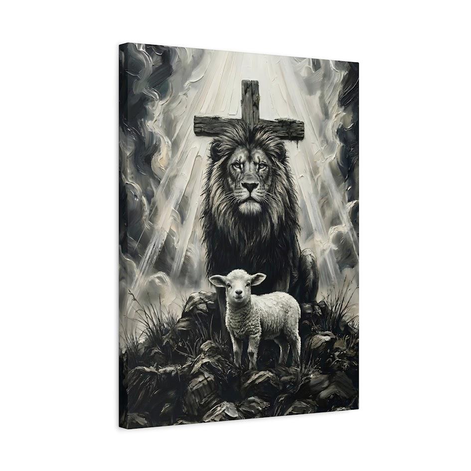 Lion of Judah and Lamb Canvas with Cross, Black and White Christian Wall Art, Religious Gift for Pastor or Prayer Room —
