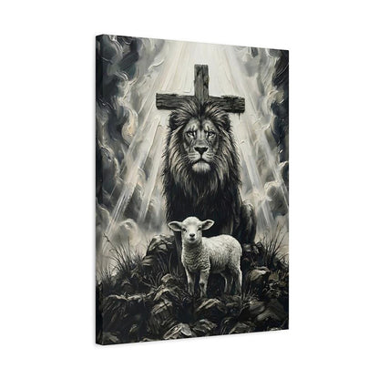 Lion of Judah and Lamb Canvas with Cross, Black and White Christian Wall Art, Religious Gift for Pastor or Prayer Room —