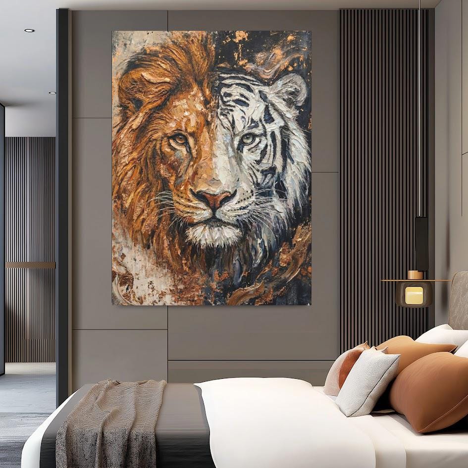 Lion and Tiger Split Face Canvas Art, Modern Wildlife Print, Big Cat Painting — Framed Print wall art