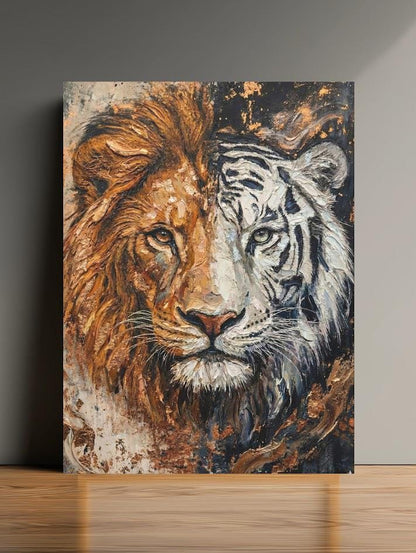 Lion and Tiger Split Face Canvas Art, Modern Wildlife Print, Big Cat Painting — Framed Print wall art