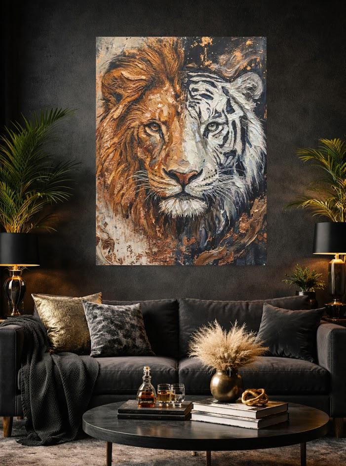 Lion and Tiger Split Face Canvas Art, Modern Wildlife Print, Big Cat Painting — Framed Print wall art