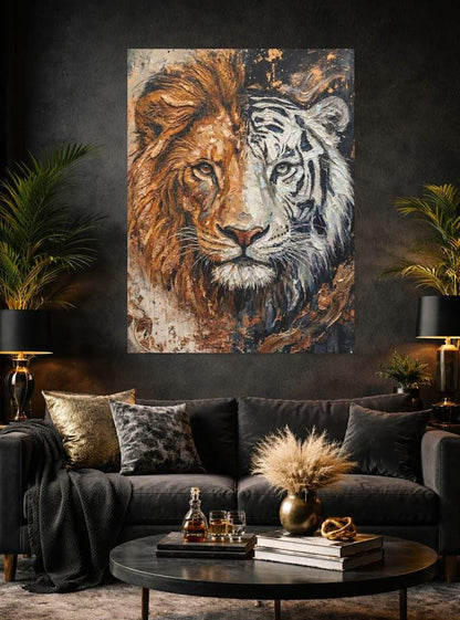 Lion and Tiger Split Face Canvas Art, Modern Wildlife Print, Big Cat Painting — Framed Print wall art