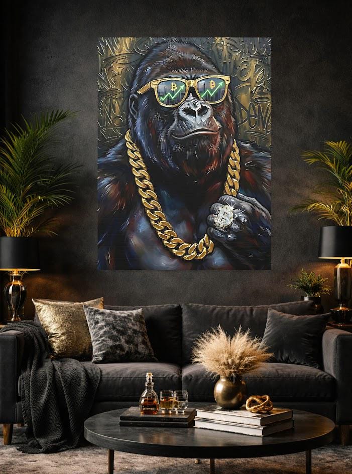 Bitcoin Gorilla Canvas Art, Graffiti Street Style, Crypto Investor Gift — Framed Print wall art