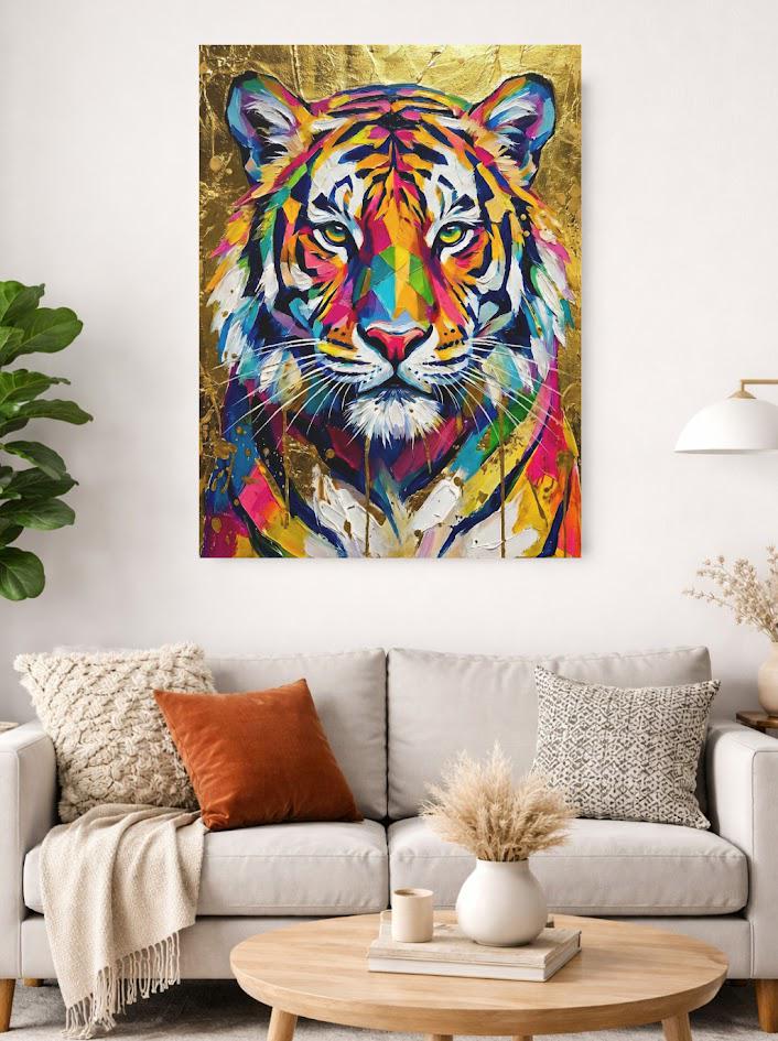 Tiger Wall Art | Colorful Gold Wildlife Canvas or Poster Print, Big Cat Painting — Framed Print wall art