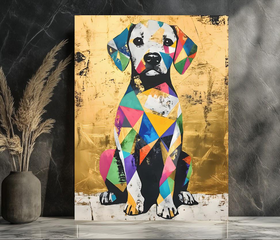 Vibrant Geometric Dog Pop Art Print, Colorful Beagle Canvas, Eclectic Gold Decor — Poster wall art