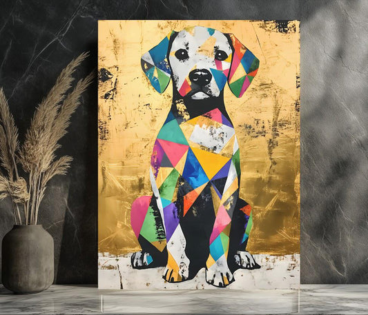 Vibrant Geometric Dog Pop Art Print, Colorful Beagle Canvas, Eclectic Gold Decor — Poster wall art