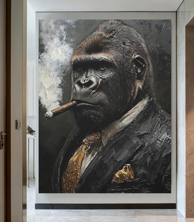 Gorilla in Suit Smoking Cigar Canvas or Poster, Wall Street Hustle Art for Office, Masculine Decor for Man Cave — Poster wall