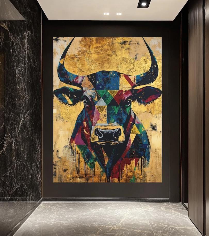 Geometric Bull Head Wall Art, Modern Western Decor for Southwest Living Room, Farmhouse Painting, Stock Trader Gift — Poster