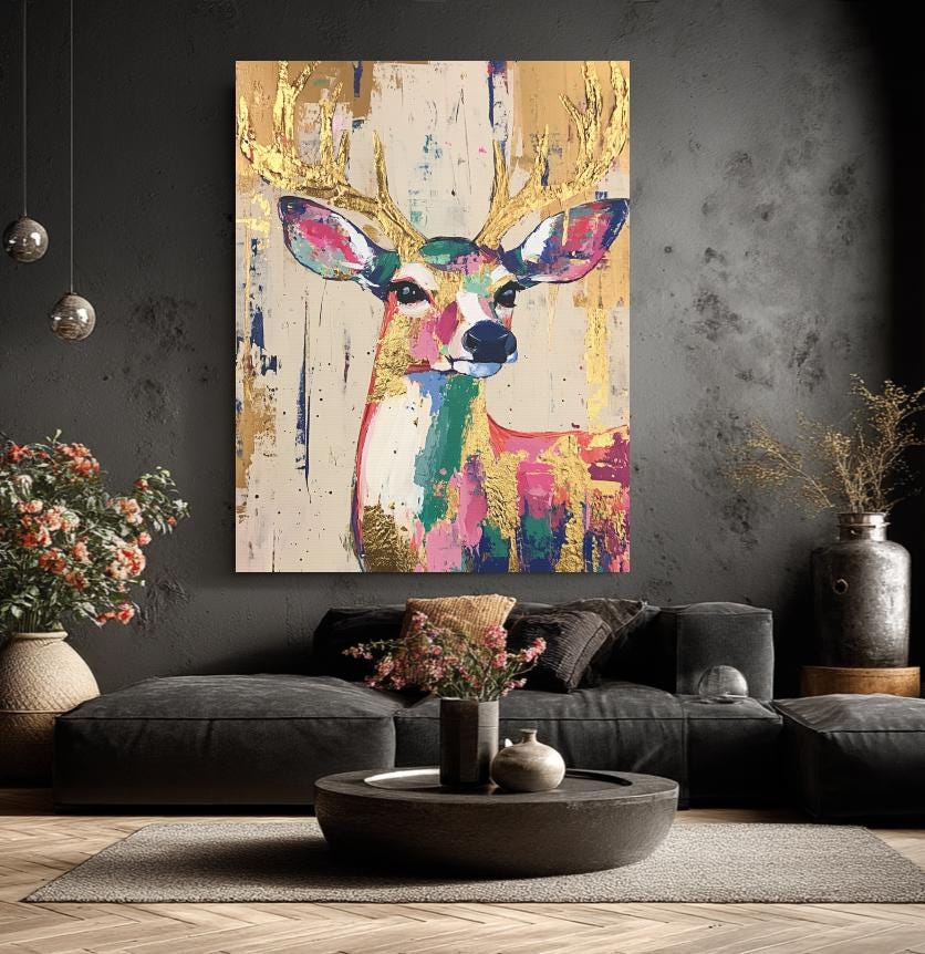 Whimsical Deer Wall Art | Colorful Woodland Nursery Decor | Boho Girl Room Print | Gold Leaf Animal Poster | Cute Fawn