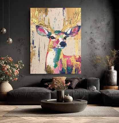 Whimsical Deer Wall Art | Colorful Woodland Nursery Decor | Boho Girl Room Print | Gold Leaf Animal Poster | Cute Fawn