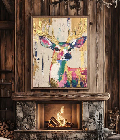 Whimsical Deer Wall Art | Colorful Woodland Nursery Decor | Boho Girl Room Print | Gold Leaf Animal Poster | Cute Fawn
