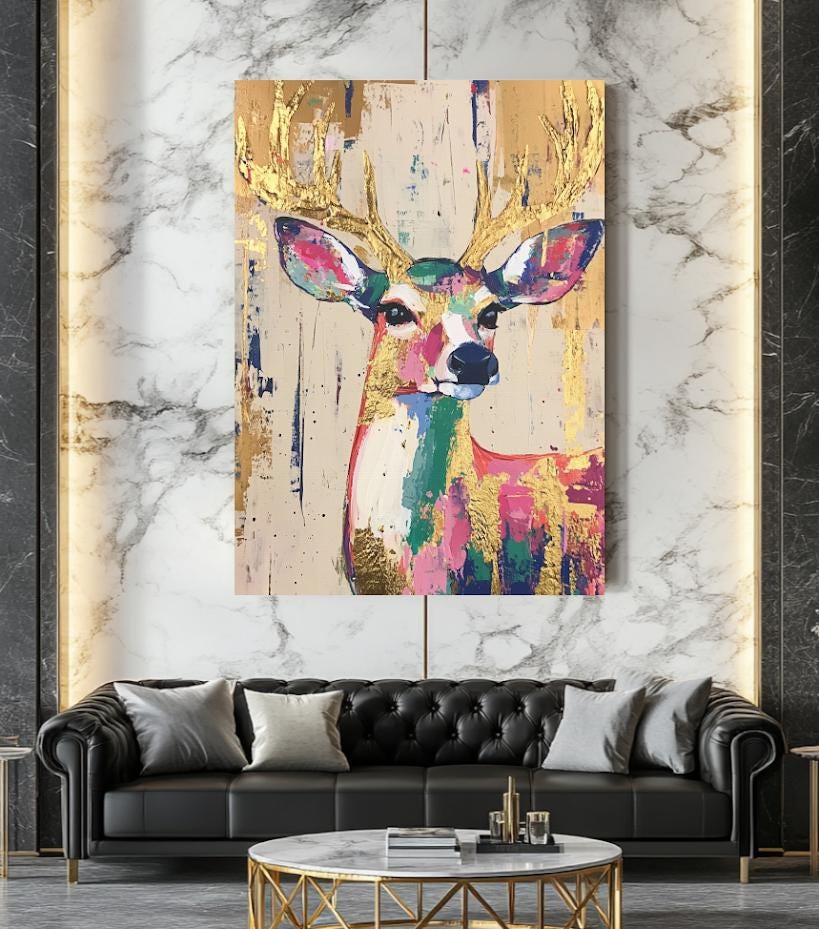 Whimsical Deer Wall Art | Colorful Woodland Nursery Decor | Boho Girl Room Print | Gold Leaf Animal Poster | Cute Fawn