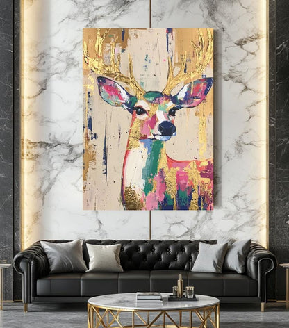 Whimsical Deer Wall Art | Colorful Woodland Nursery Decor | Boho Girl Room Print | Gold Leaf Animal Poster | Cute Fawn