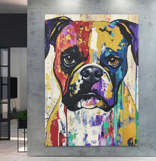 Boxer Dog Wall Art | Colorful Abstract Pet Print | Gold Foil Painting | Graffiti Animal Artwork | Dopamine Decor for Home —