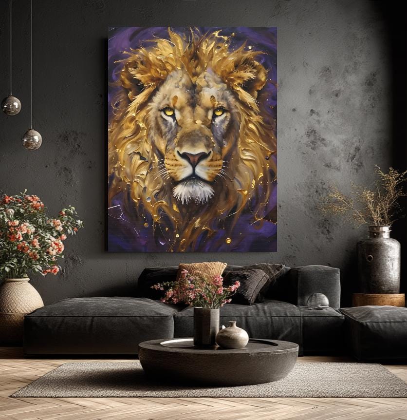 Gold Lion Wall Art, Regal Safari Canvas Print or Poster for Masculine Office Decor — Framed Print wall art