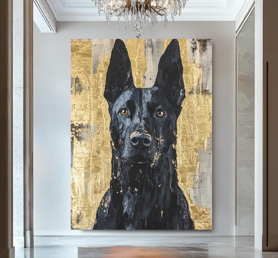 Black German Shepherd | Dog Art Print | Canvas or Poster | Modern Pet Portrait Belgian Malinois Painting — Framed Print wall