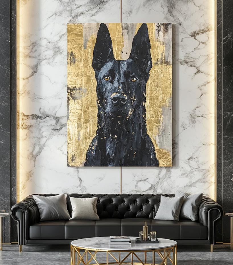 Black German Shepherd | Dog Art Print | Canvas or Poster | Modern Pet Portrait Belgian Malinois Painting — Framed Print wall
