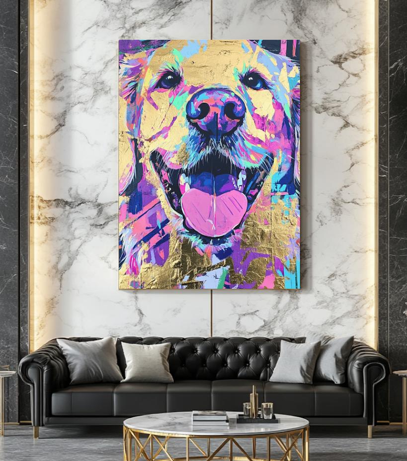 Happy Golden Retriever Painting Print, Abstract Neon Dog Wall Art, Unique Gift for Dog Mom or Veterinary Office Decor —