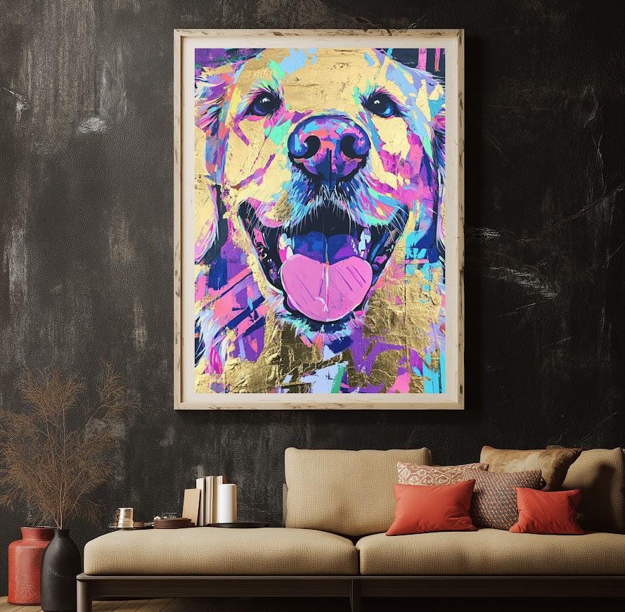 Happy Golden Retriever Painting Print, Abstract Neon Dog Wall Art, Unique Gift for Dog Mom or Veterinary Office Decor —