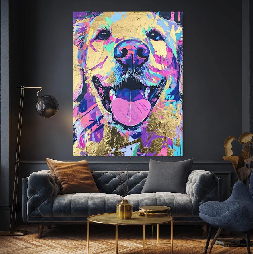 Happy Golden Retriever Painting Print, Abstract Neon Dog Wall Art, Unique Gift for Dog Mom or Veterinary Office Decor —