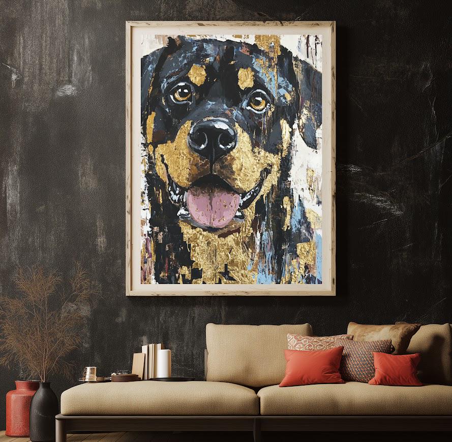 Modern Rottweiler Canvas Art , Abstract Dog Portrait for Masculine Office or Rotty Dad Gift — Framed Print wall art