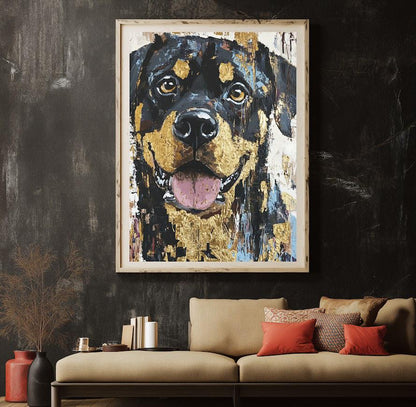 Modern Rottweiler Canvas Art , Abstract Dog Portrait for Masculine Office or Rotty Dad Gift — Framed Print wall art