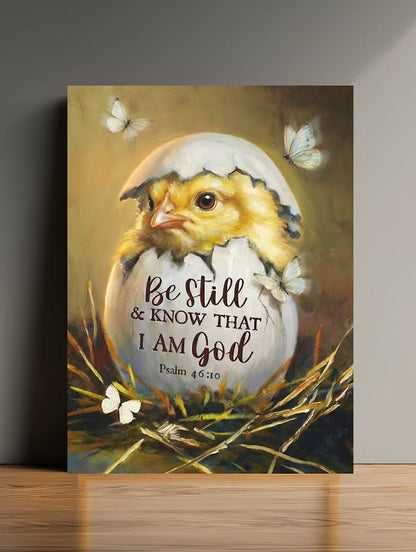 Chick in Eggshell Print | Psalm 46:10 Christian Nursery Decor — Framed Print wall art