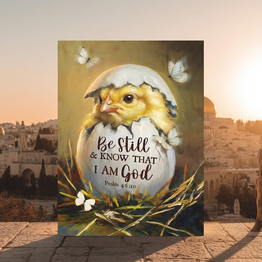 Chick in Eggshell Print | Psalm 46:10 Christian Nursery Decor — Framed Print wall art