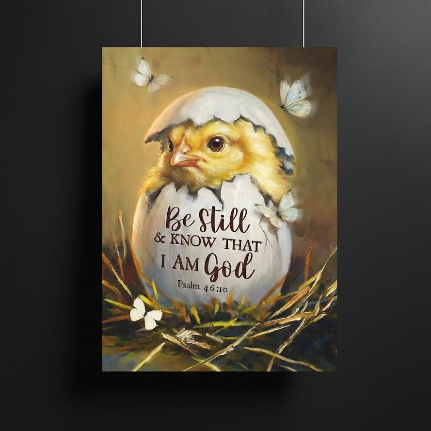 Chick in Eggshell Print | Psalm 46:10 Christian Nursery Decor — Framed Print wall art