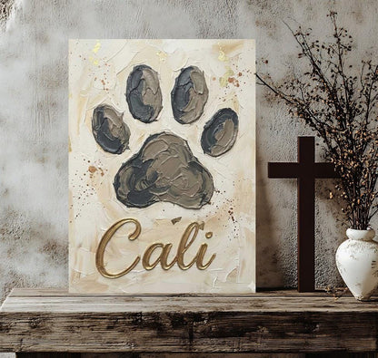 Personalized Dog Paw Print Canvas, Gold Name, Pet Memorial Art — Framed Print wall art