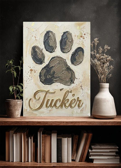 Personalized Dog Paw Print Canvas, Gold Name, Pet Memorial Art — Framed Print wall art
