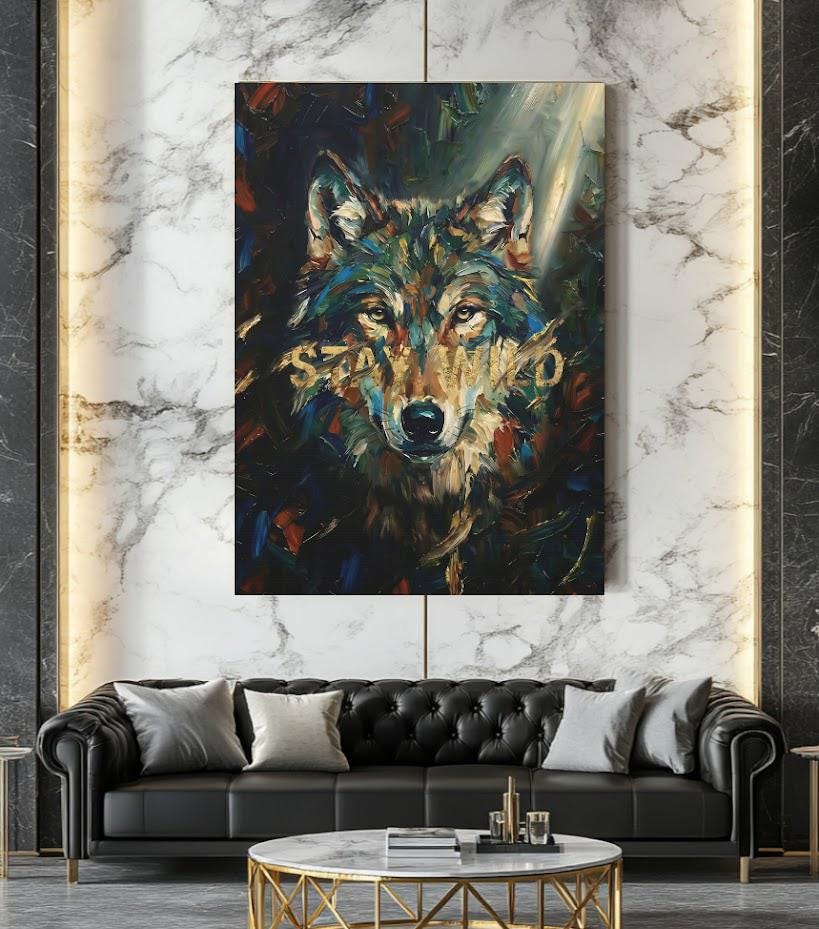 Wolf Wall Art | Modern Forest Animal Canvas or Poster Print, Man Cave Decor, Original Painting — Framed Print wall art