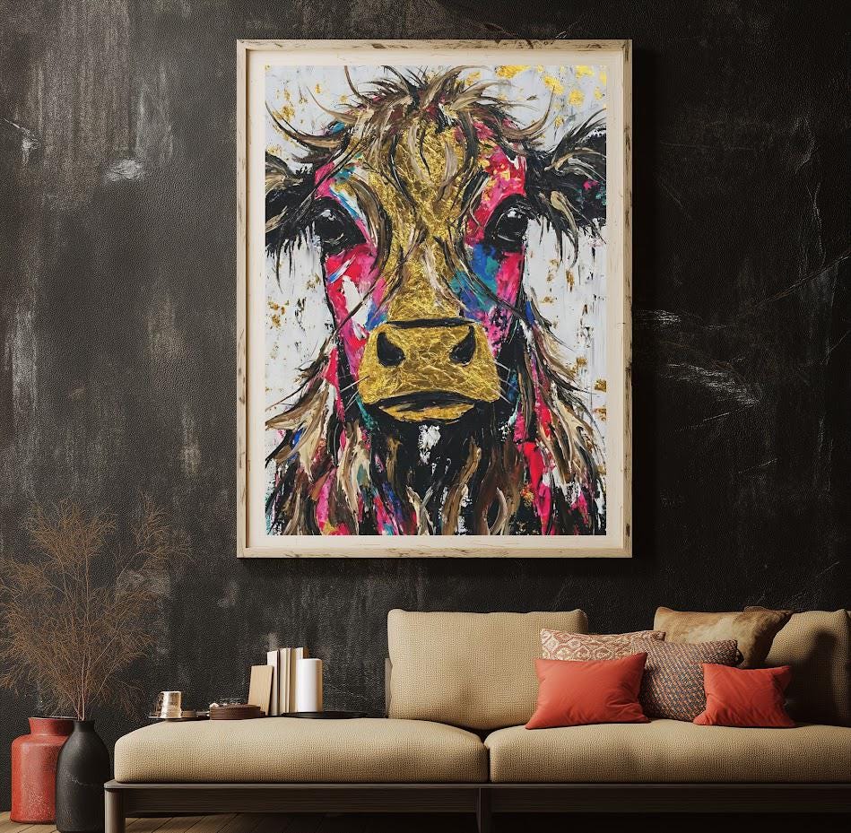 Colorful Cow Wall Art | Modern Farmhouse Kitchen Decor | Highland Cow Painting | Eclectic Canvas Print — Framed Print wall